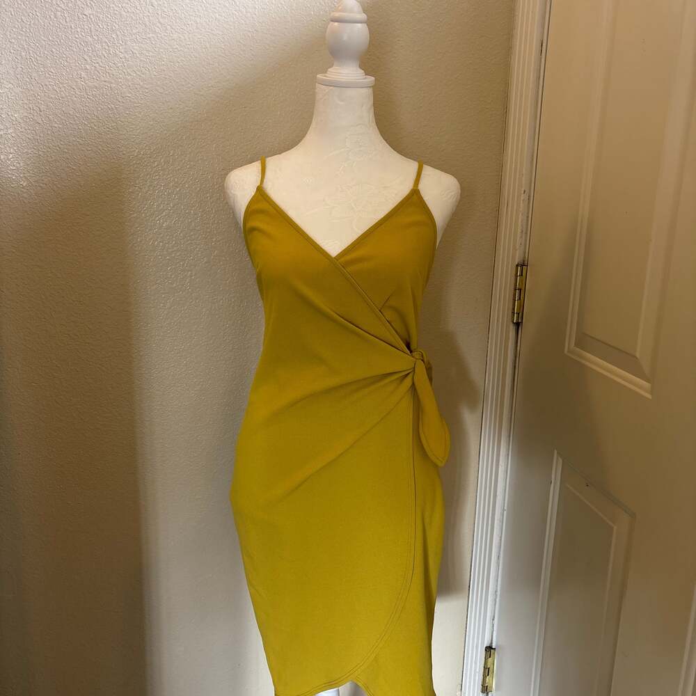 Blue Blush Mustard Yellow Sleeveless V-Neck Faux Wrap Mini Dress